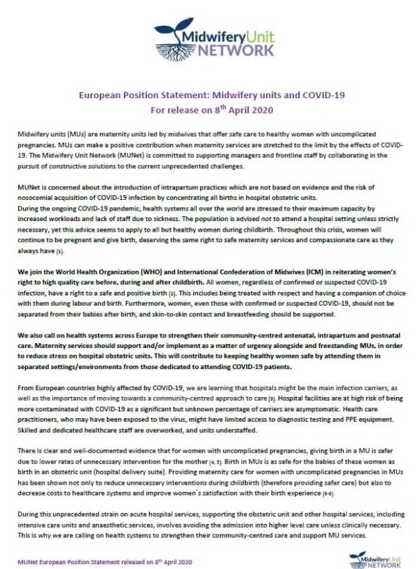 MUNet European Position Statement - Midwifery Units & CoVid-19